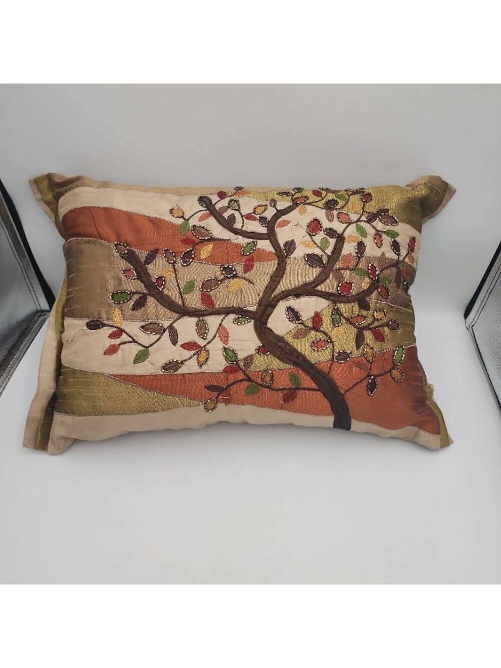 Pier 1 Tree of Life Beaded Embroidered Pillow 19x12 Fall Autumn